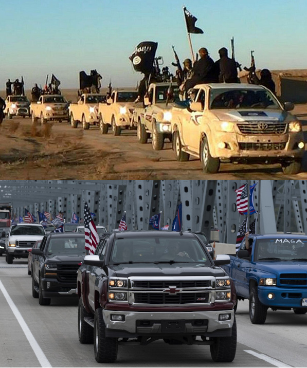 IS og USAs højreradikale elsker bilkolonner, flag og våben